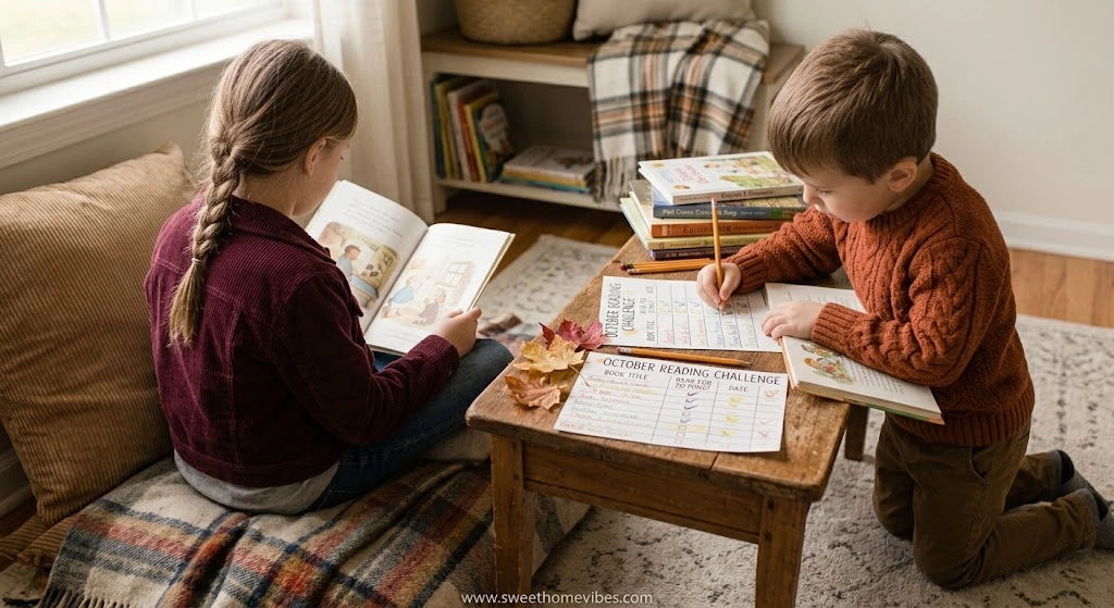 Children enjoying an October reading challenge with storybooks and a homemade reading tracker in a cozy home setting.