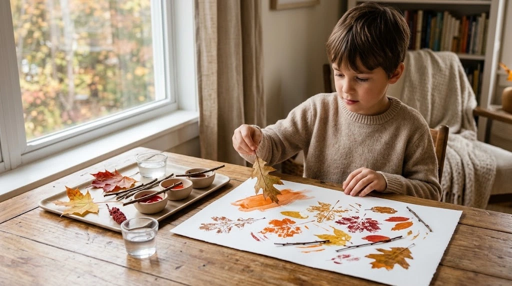 Child painting with leaves and twigs using autumn-colored paint at home