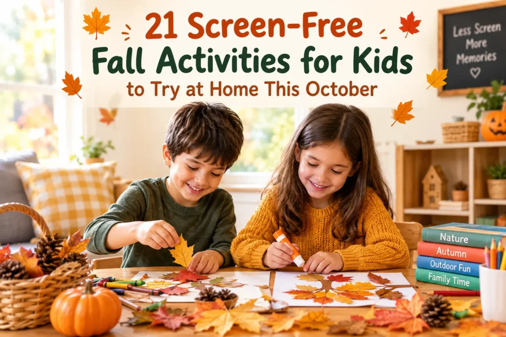 Kids doing fall activities at home with autumn leaves, crafts, and screen-free play