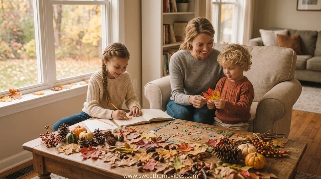 A mother and two children happily engaged in fall activities for kids, sorting colorful autumn leaves, small pumpkins, and pinecones at a wooden table.