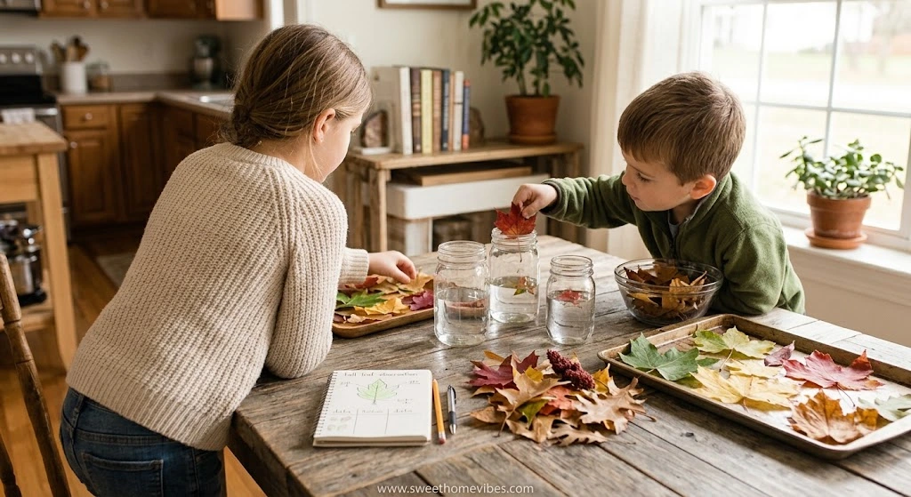 Children exploring a simple fall science experiment with colorful autumn leaves, clear containers, and a notebook at home.