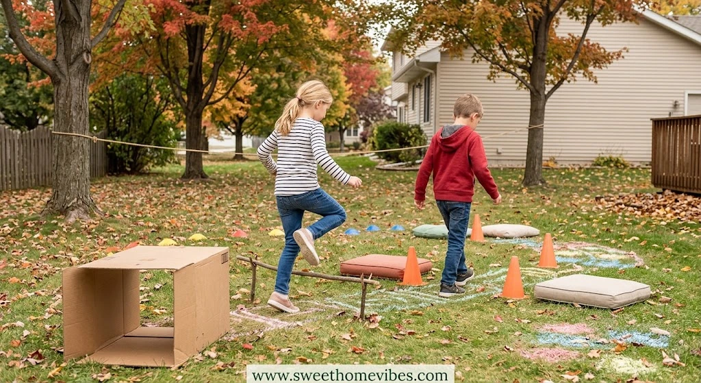 Children doing a homemade fall obstacle course with simple outdoor items in an autumn backyard.