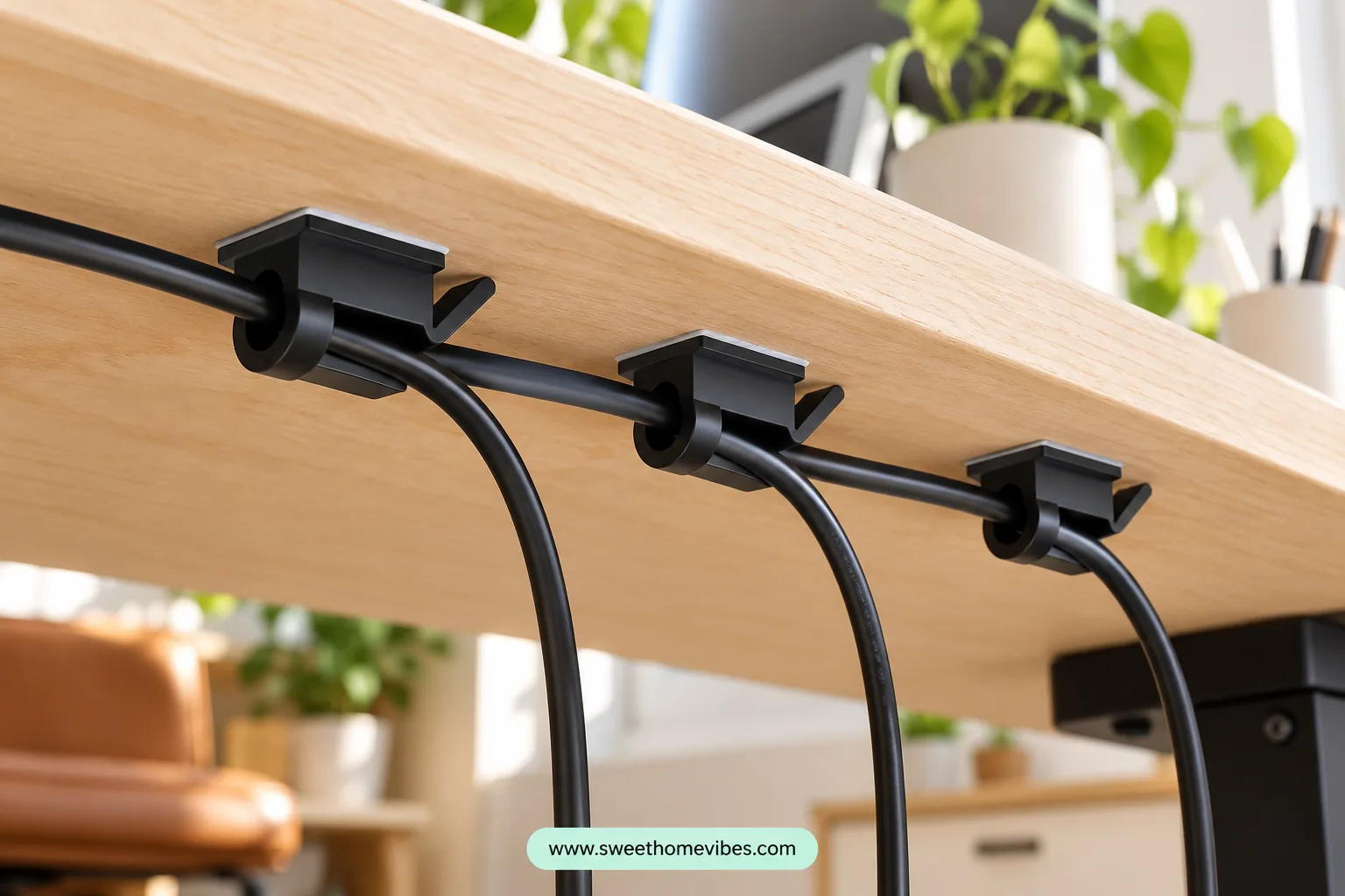 Black adhesive cable clips routing wires beneath a wooden desk