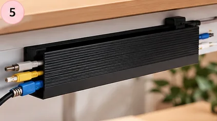 Black cable management channels keeping home office wires neatly routed