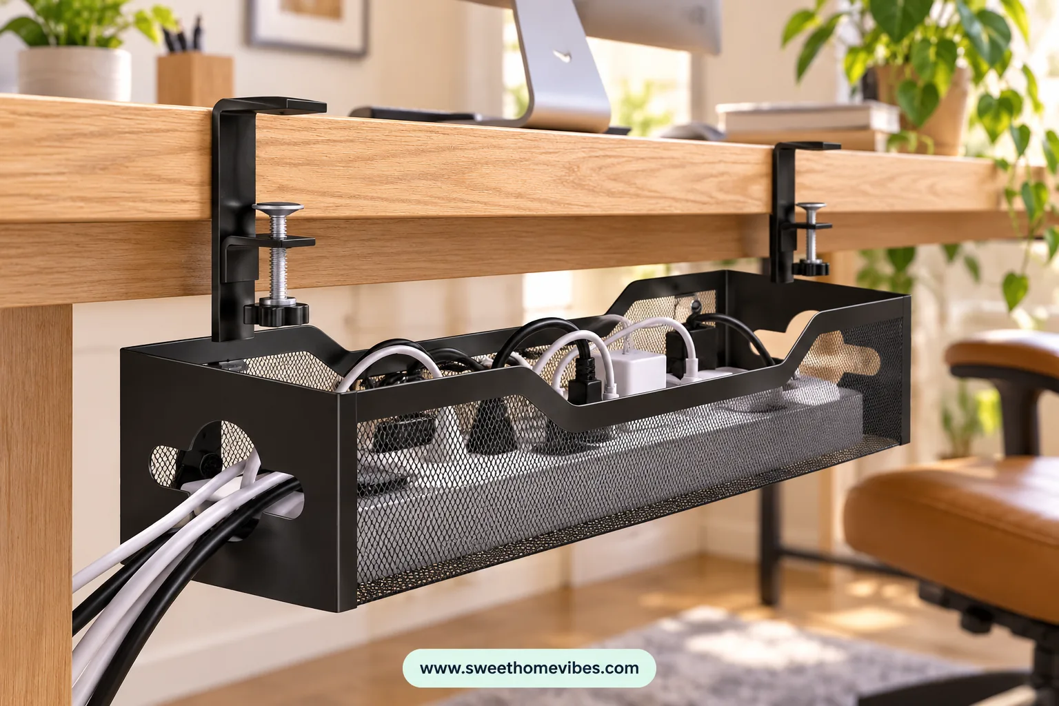 Black clamp-on cable tray hiding desk cables without drilling