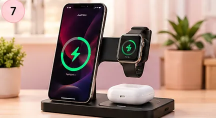 Black three-device wireless charging station on an organized desk