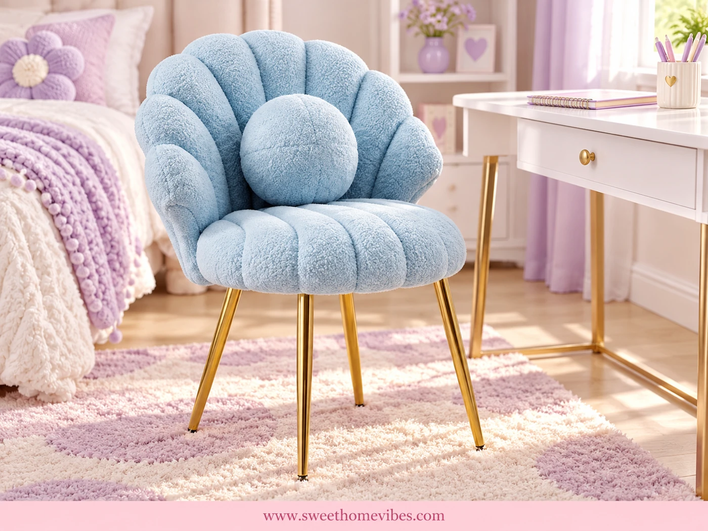 Blue shell-back accent chair with round cushion and gold-colored legs in a pastel desk corner