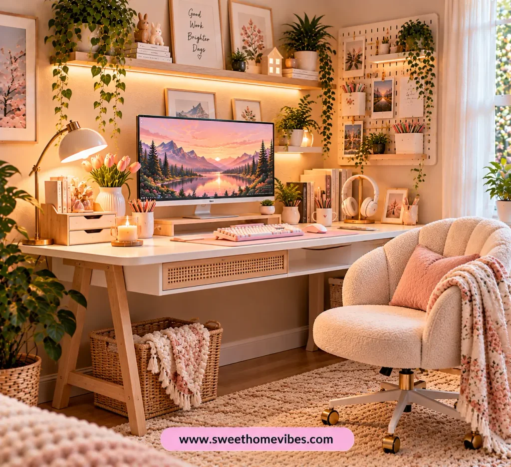 Budget-friendly cute desk setup for girls featuring a white writing desk with wooden A-frame legs, rattan drawer accents, cream boucle swivel chair, pastel desk accessories, affordable organizers, and cozy bedroom decor.
