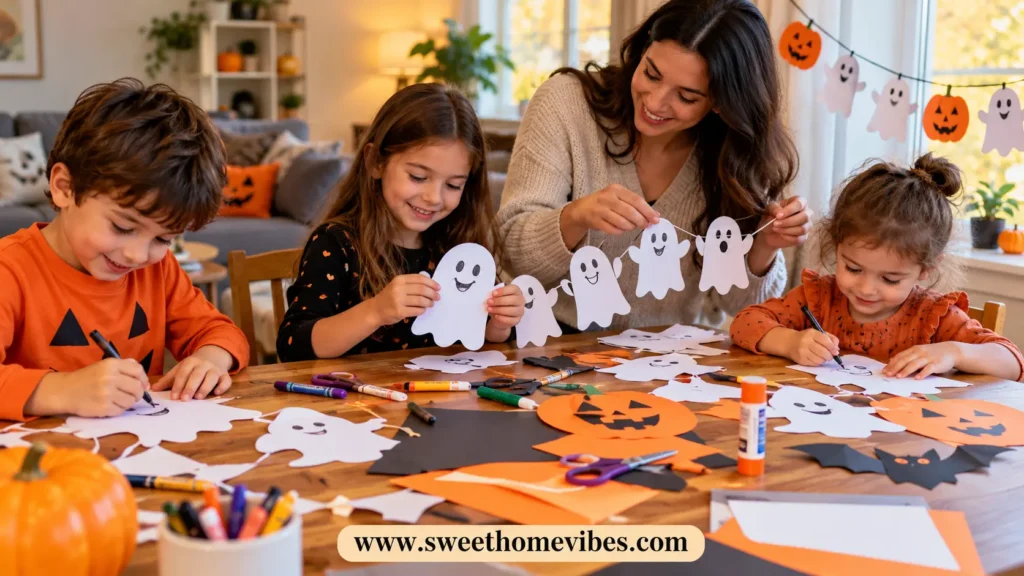 Three kids making paper ghost garlands and pumpkin crafts with their mom at home using affordable supplies for Halloween activities.