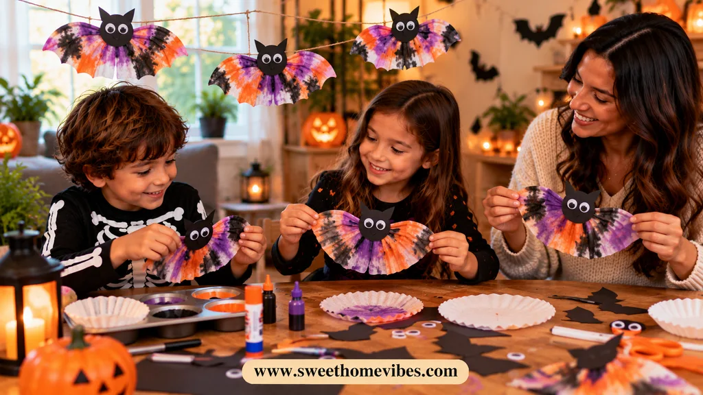 Two kids making colorful coffee filter bats with their mom using paper filters, markers, and craft supplies for homemade Halloween decorations.