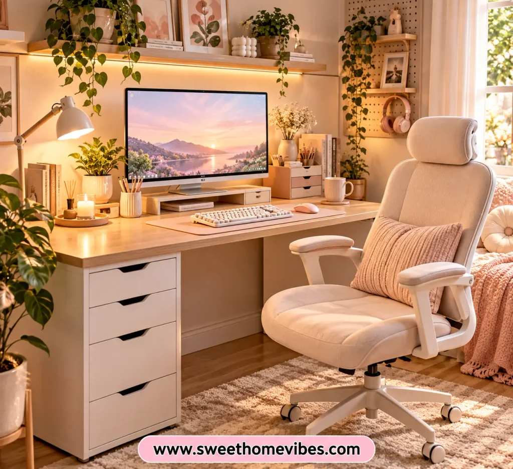 Cozy neutral cute desk setup for girls featuring a light wood desk, cream adjustable chair, warm desk lamp, beige accessories, floating shelves, and plants in a small bedroom workspace.
