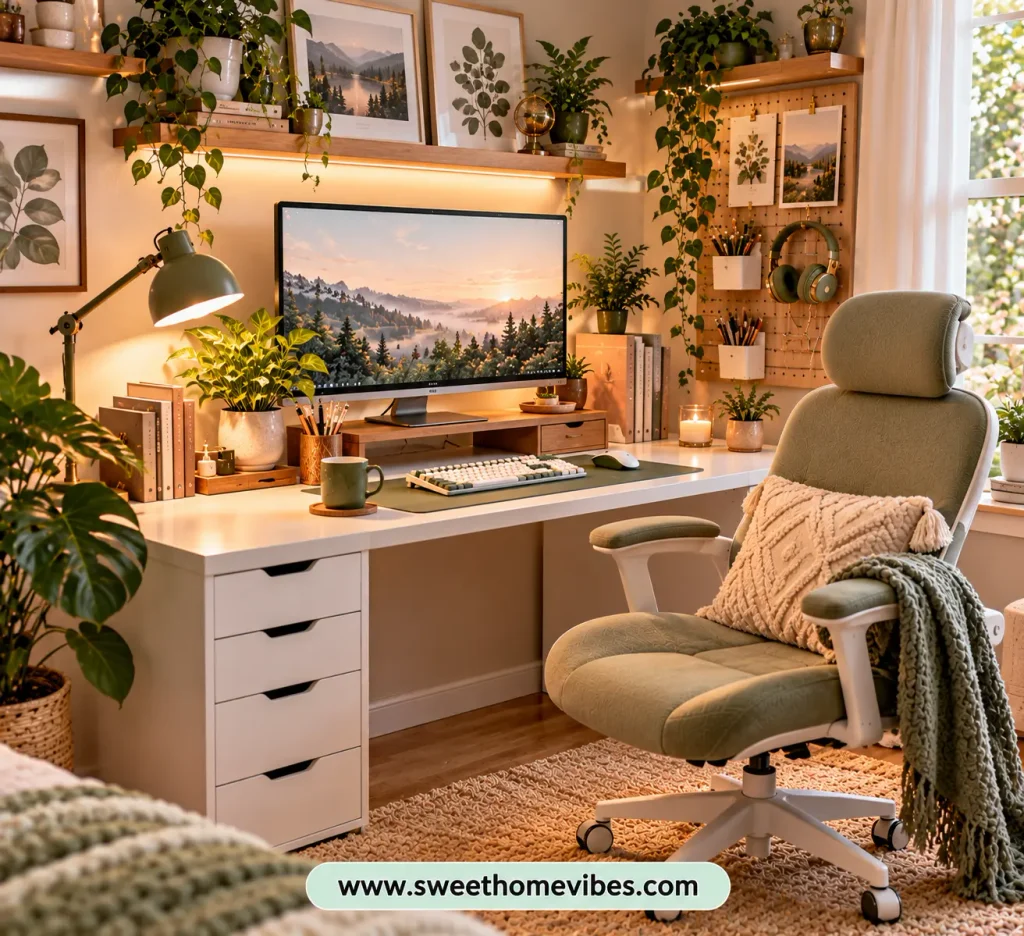Cute desk setup for girls featuring a sage green ergonomic chair, white desk with drawers, wooden monitor stand, warm desk lamp, botanical wall art, floating shelves, and natural green bedroom decor.