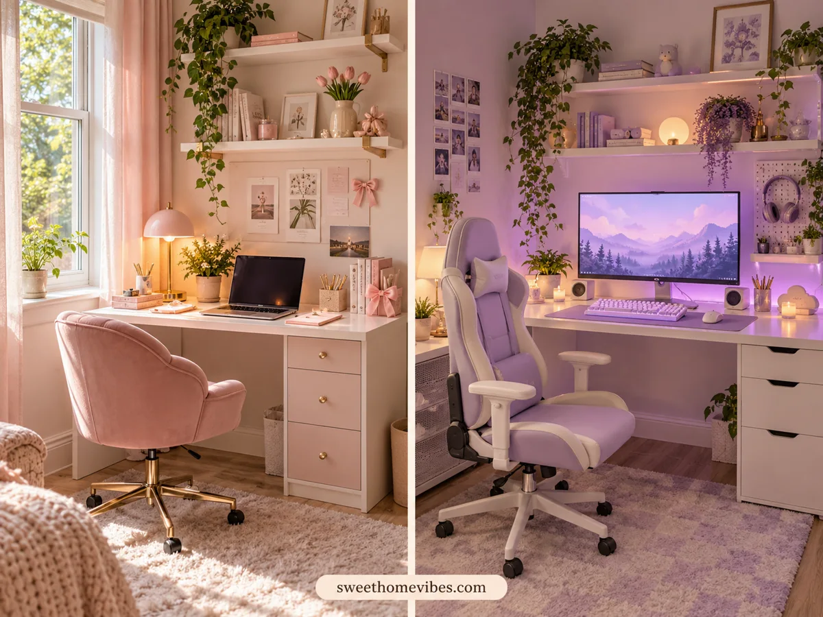 Pink study desk and lavender gaming desk setup ideas for girls