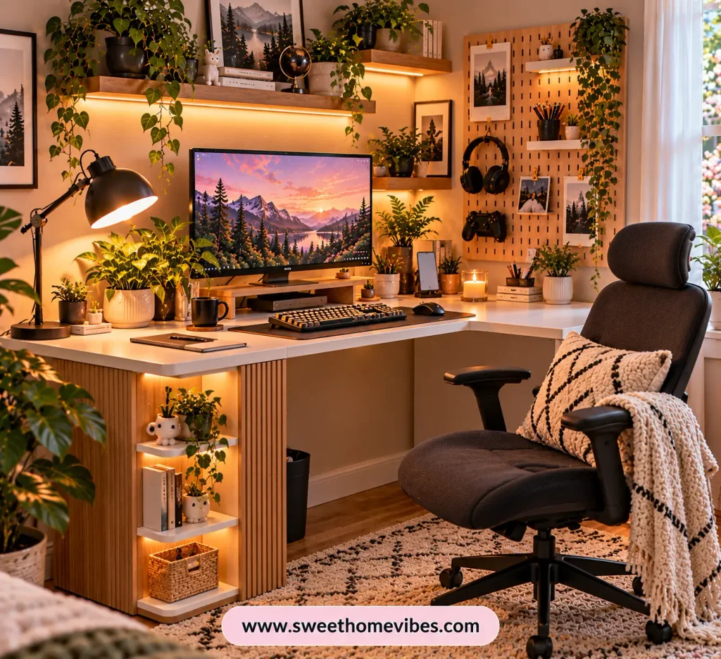 Cute small-corner desk setup for girls featuring a compact white L-shaped desk with wooden accents, black adjustable chair, floating shelves, pegboard organizer, and space-saving storage in a cozy bedroom corner.