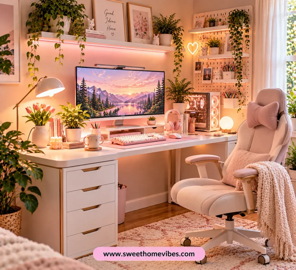 Cute study desk setup for girls featuring a white desk with drawers, blush pink adjustable chair, pastel keyboard, reading lamp, stationery organizers, and floating shelves in a cozy bedroom.