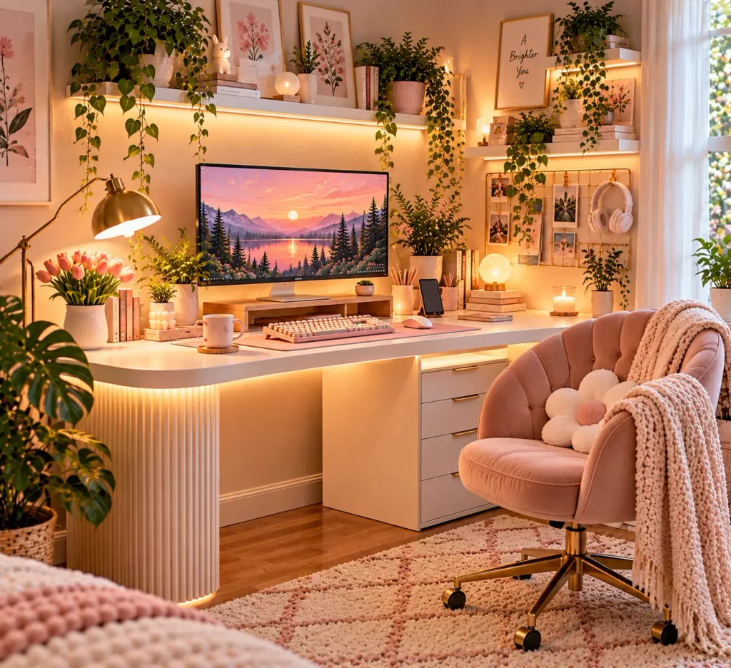 Cute work-from-home desk setup for girls featuring a modern white desk with fluted detailing, blush pink velvet chair, gold desk lamp, pastel accessories, floating shelves, and cozy bedroom decor.
