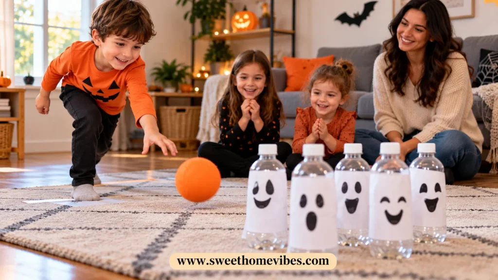 Boy rolling an orange ball toward ghost-decorated plastic bottles while his family enjoys a homemade Halloween bowling game in the living room.