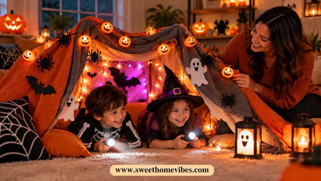 Two children exploring a homemade Halloween haunted house blanket fort with flashlights while their mom holds up the entrance decorated with pumpkins, bats, and ghosts.