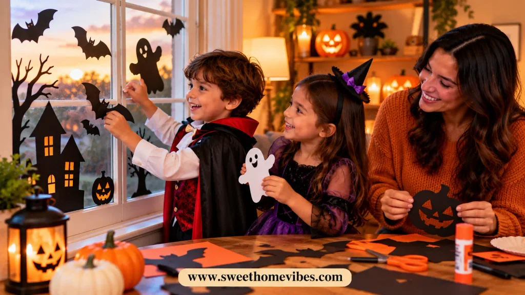 Two kids decorating a window with paper bats, ghosts, and pumpkin cutouts while their mom helps them create DIY Halloween window decorations at home.