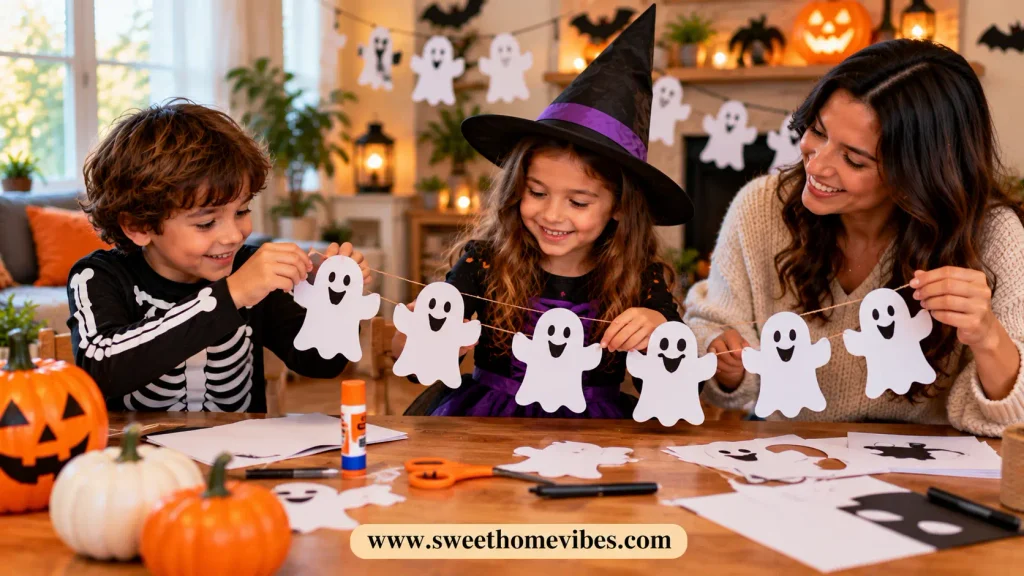 Two children making a paper ghost garland with their mom as one of the halloween activities to do at home. They are using white paper, string, and craft supplies for a Halloween decoration at home.