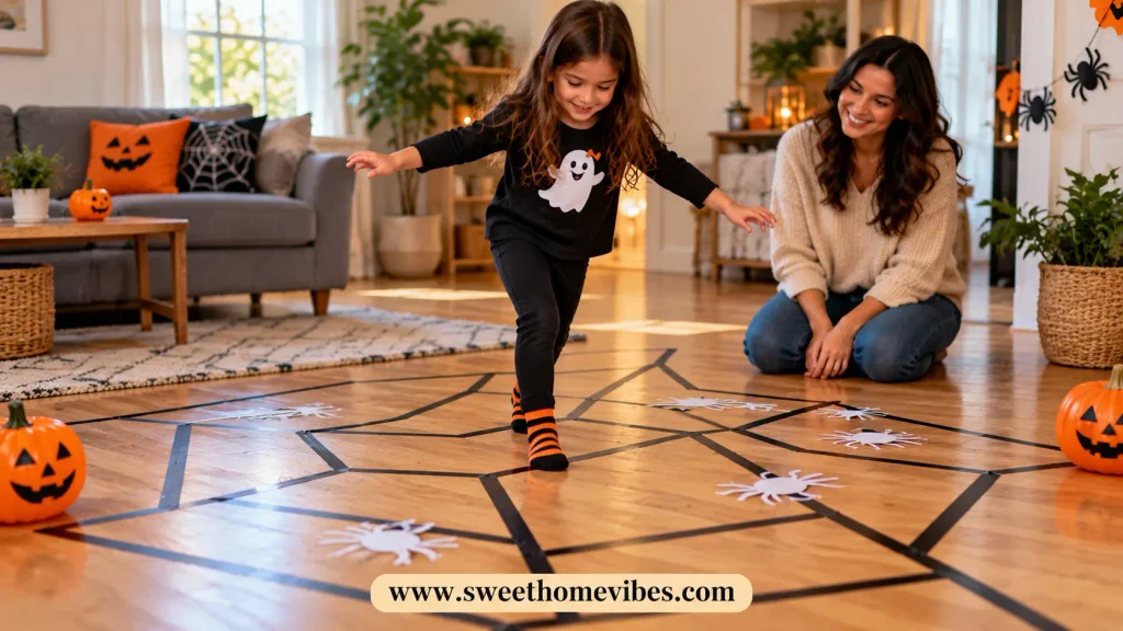 Young girl walking through a DIY spiderweb tape maze on the living room floor while her mom watches during a fun indoor Halloween activity for kids.