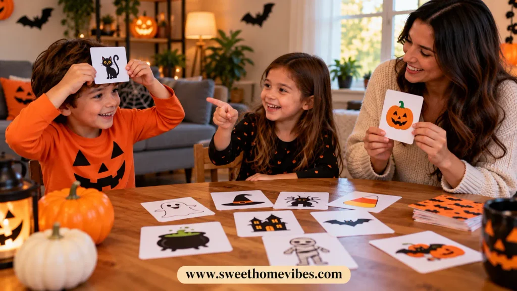 Young boy holding a black cat picture above his head while his sister guesses and their mom joins a Halloween charades game at home.