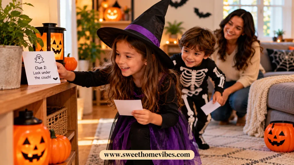 Girl dressed as a witch reading a Halloween scavenger hunt clue while a boy in a skeleton costume searches for hidden clues at home.
