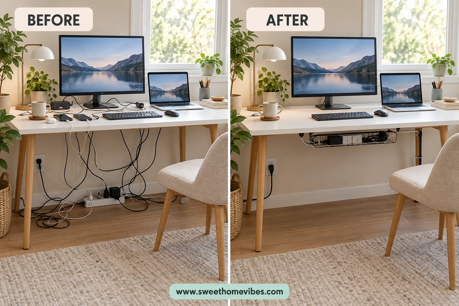 Before and after hiding desk cables without drilling