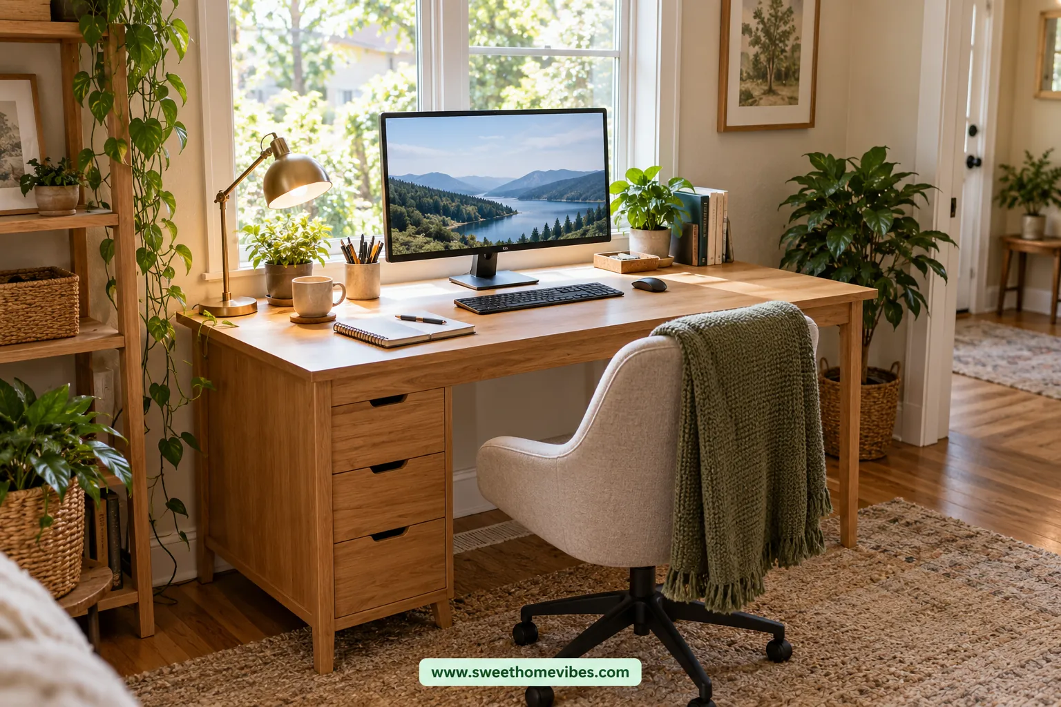 Rearranged home office desk with a centered monitor and clear writing space