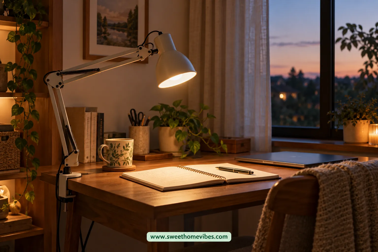 Adjustable desk lamp lighting a notebook beside a window