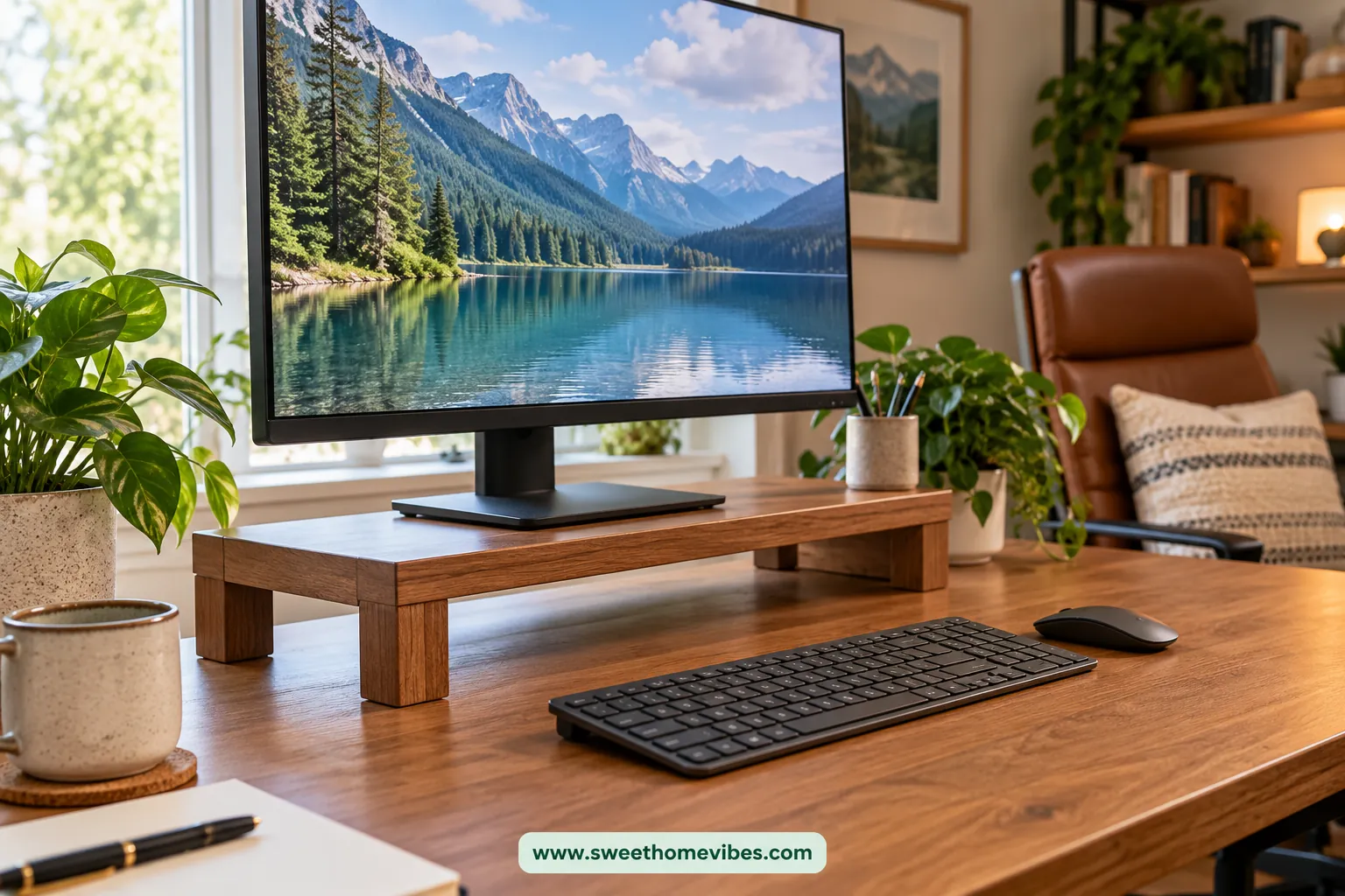 Wooden monitor riser raising a screen above the desk