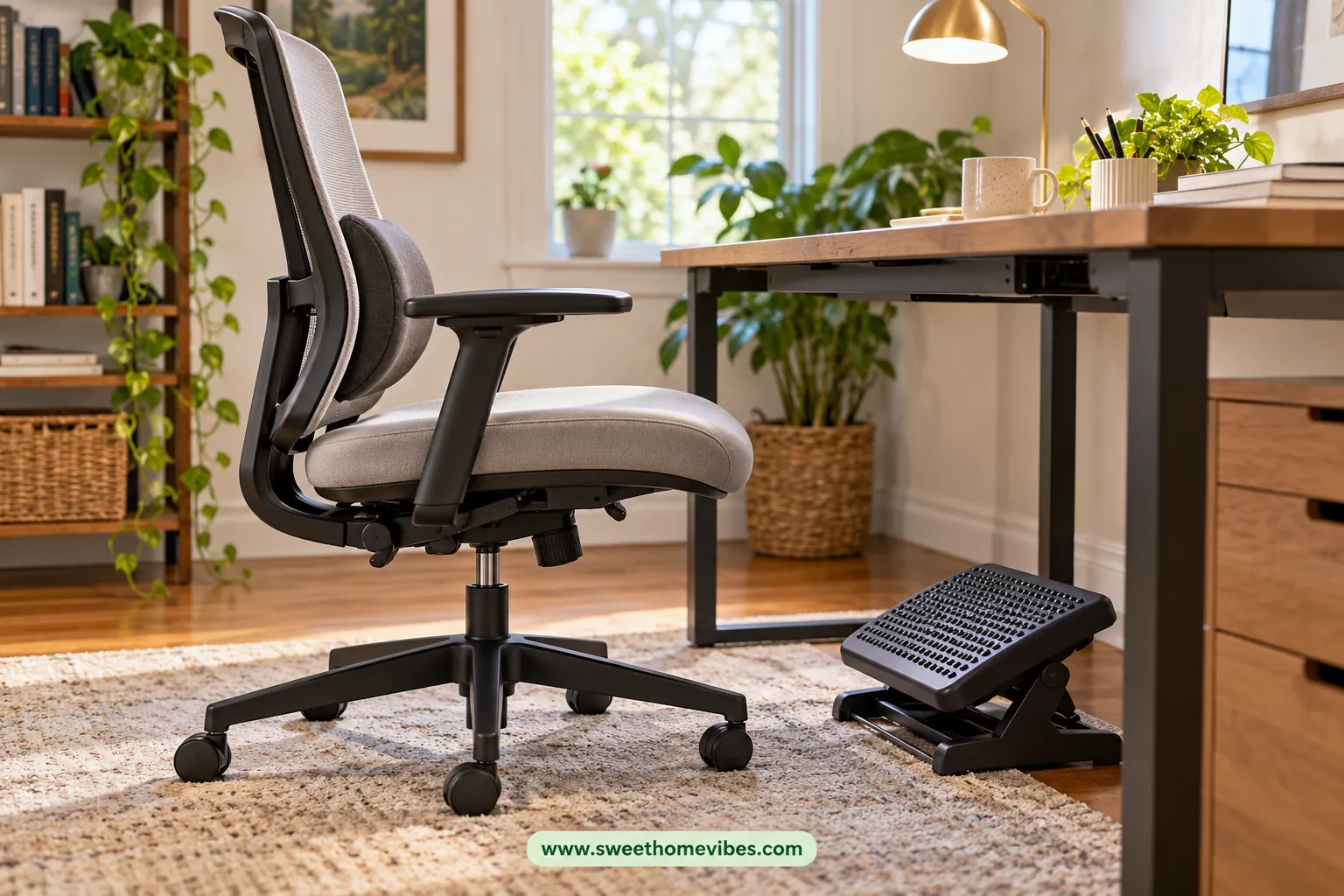 Home office chair with lower-back support and a stable footrest