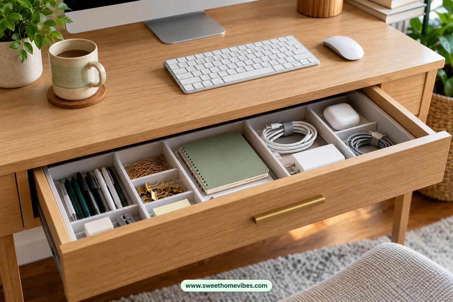 Drawer dividers organizing pens, notebooks, and charging accessories