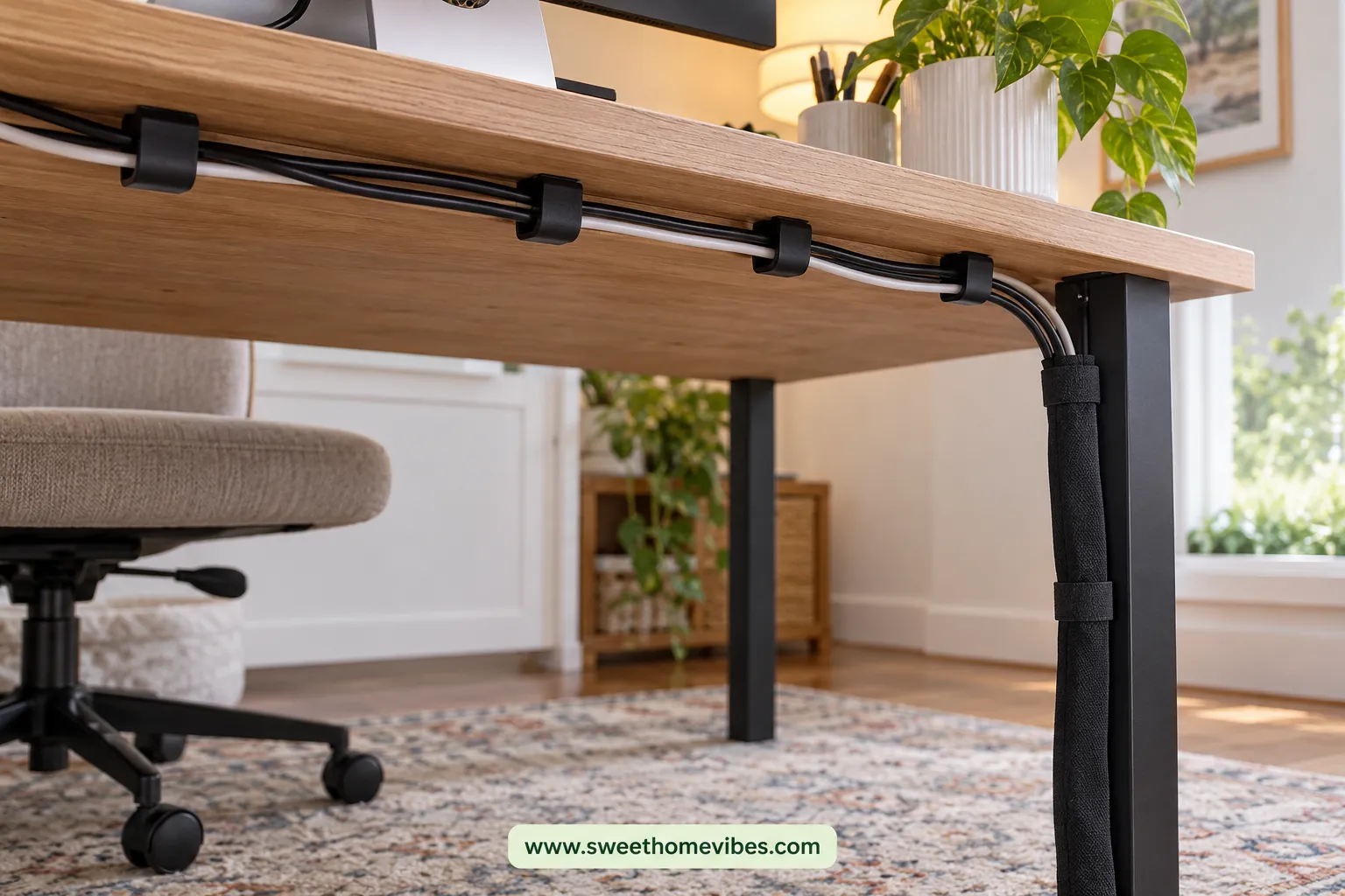 Removable clips and a cable sleeve hiding wires behind a desk