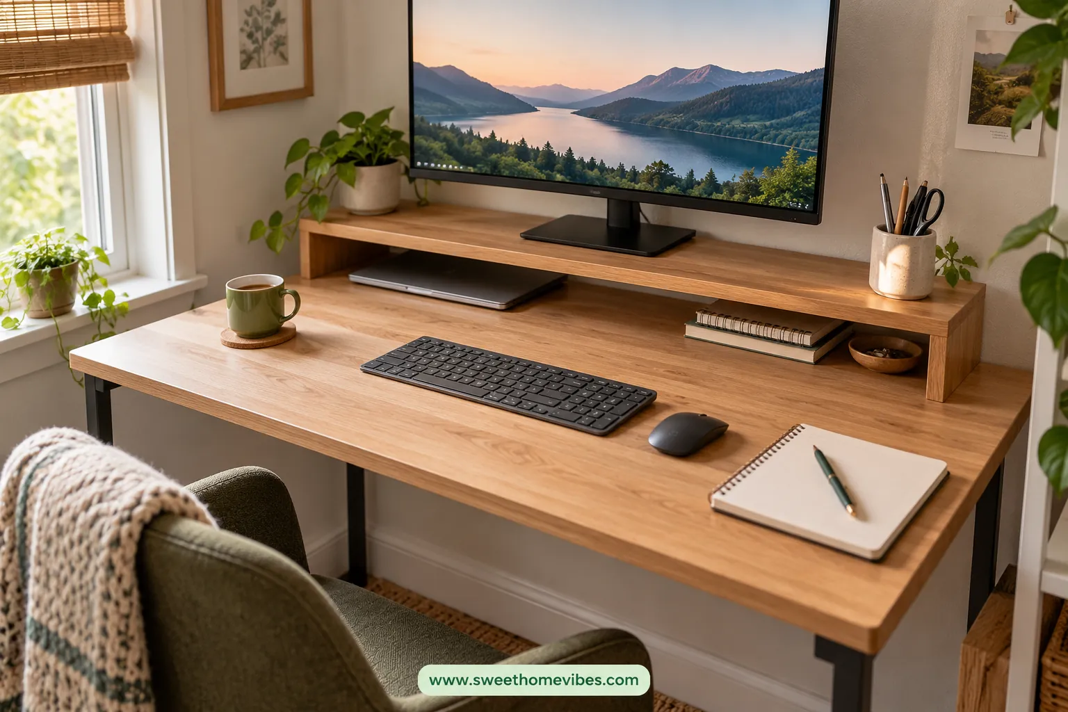 Monitor shelf creating extra storage and usable desktop space