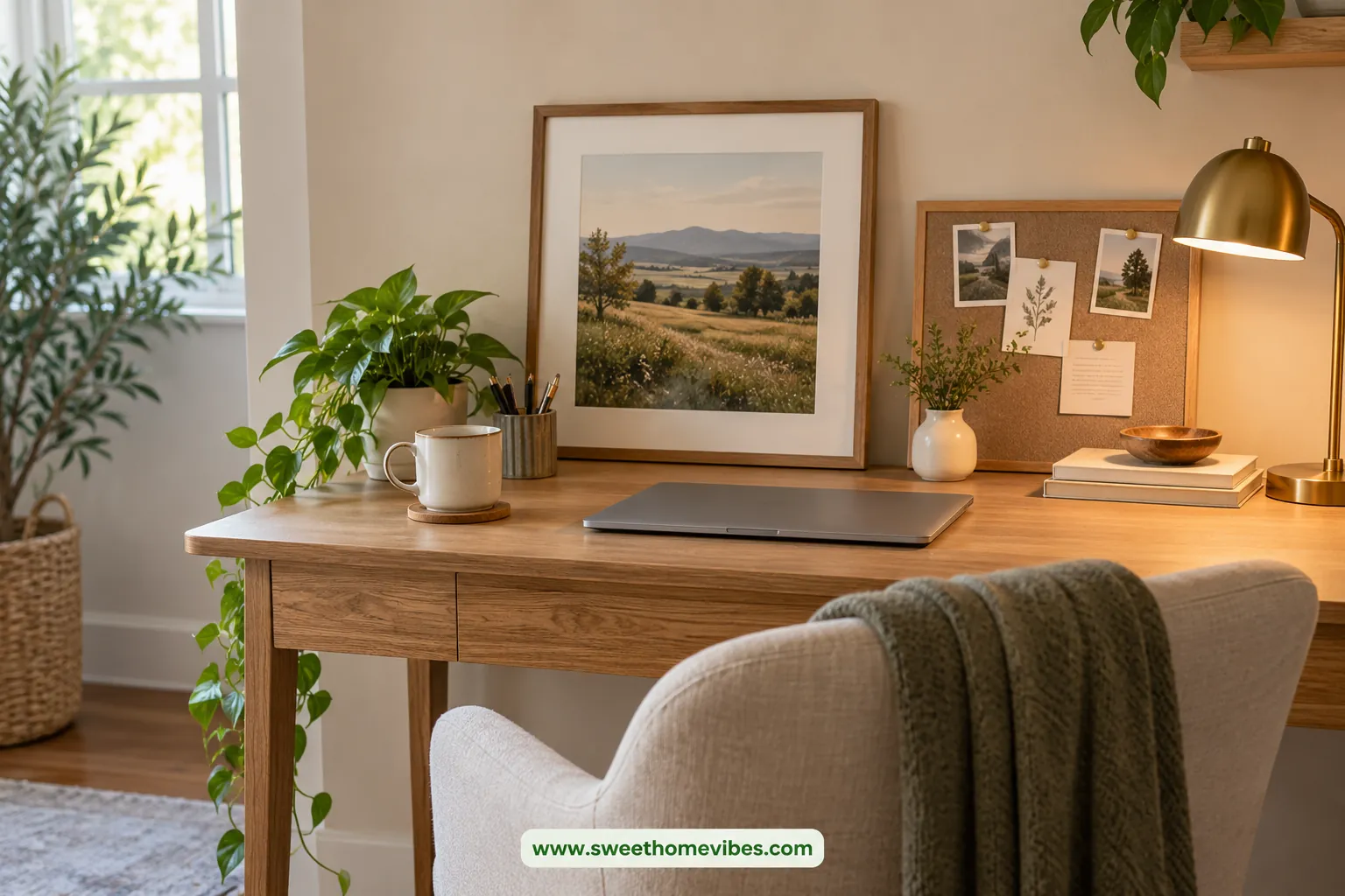 Neutral home office background with a framed print and pinboard
