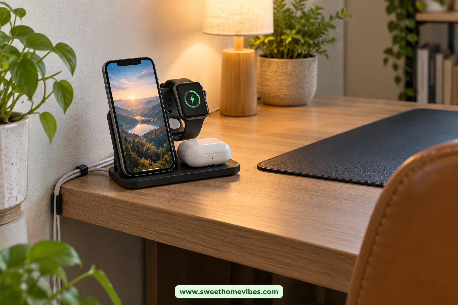 Compact charging station keeping devices and cables in one corner