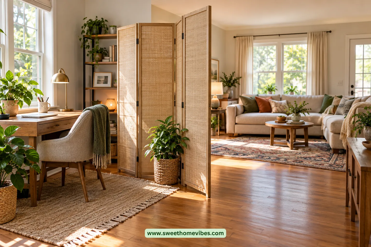 Freestanding divider separating a home office from the living room