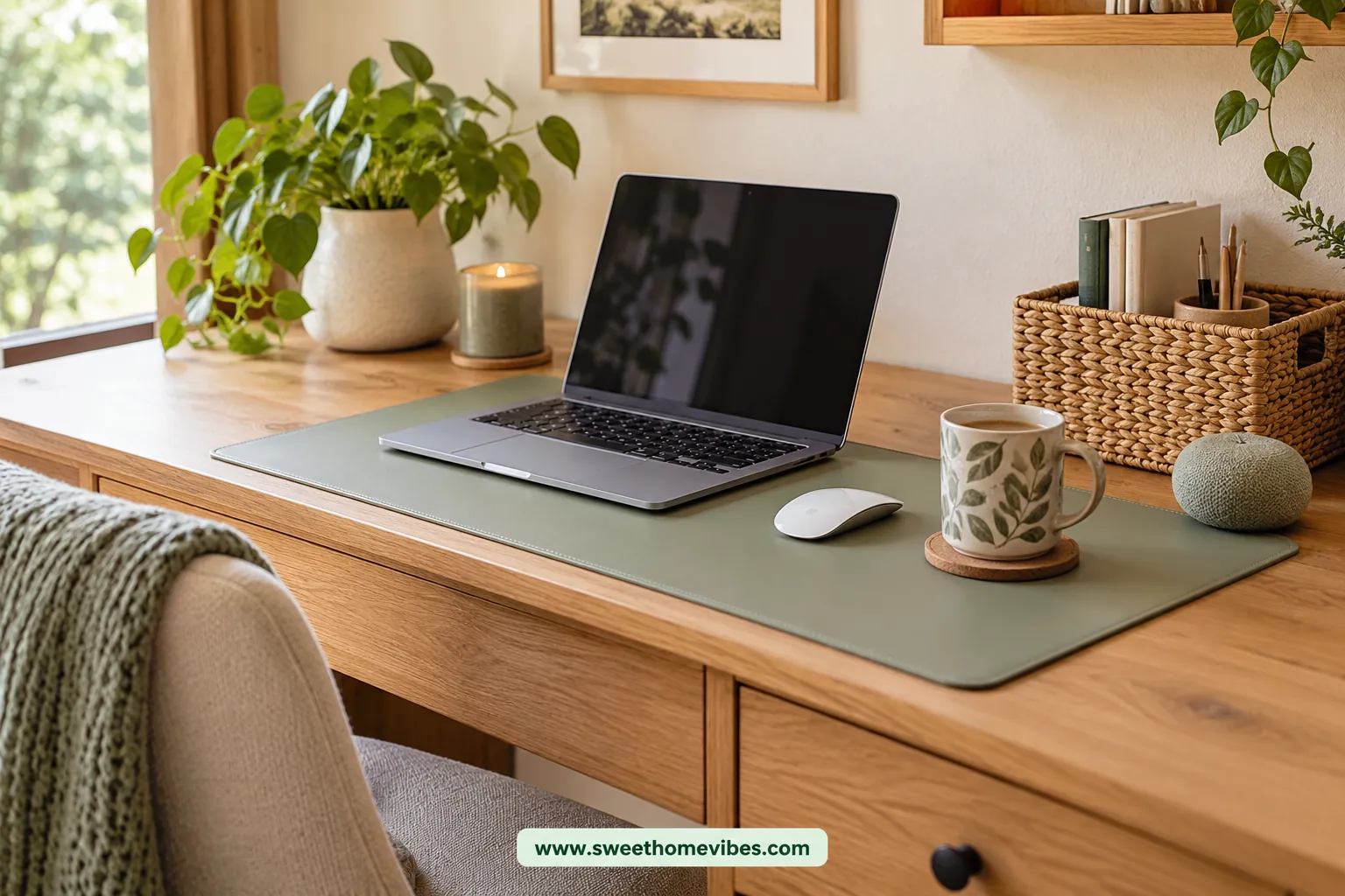 Sage desk mat and woven storage refreshing a home office