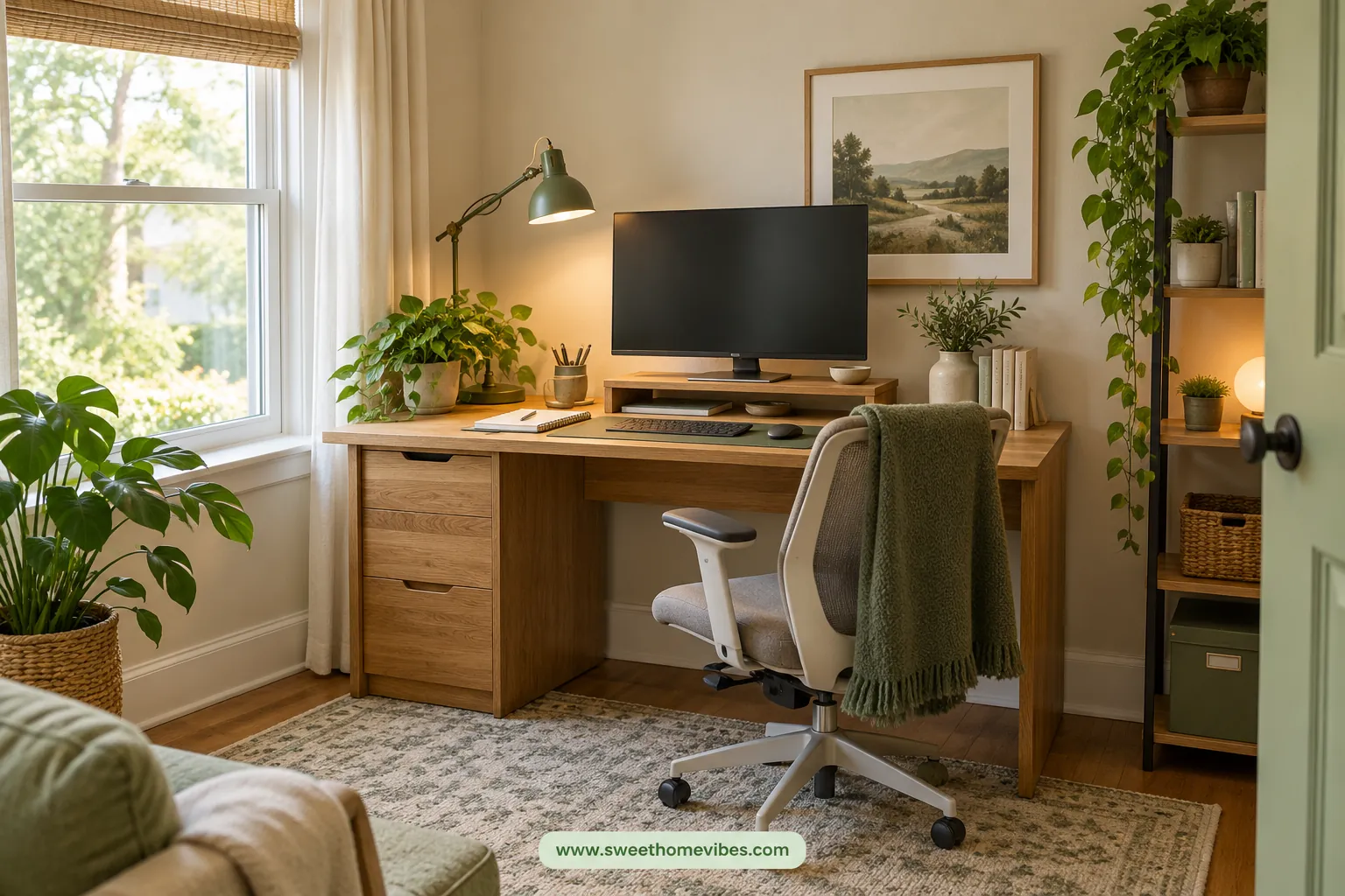 Budget home office makeover with an oak desk, task lamp, and tidy storage