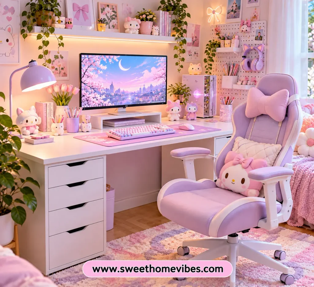 Kawaii pastel cute desk setup for girls featuring a lavender adjustable chair, white computer desk, pink and purple keyboard, character decorations, pegboard organizer, and soft pastel bedroom accessories.