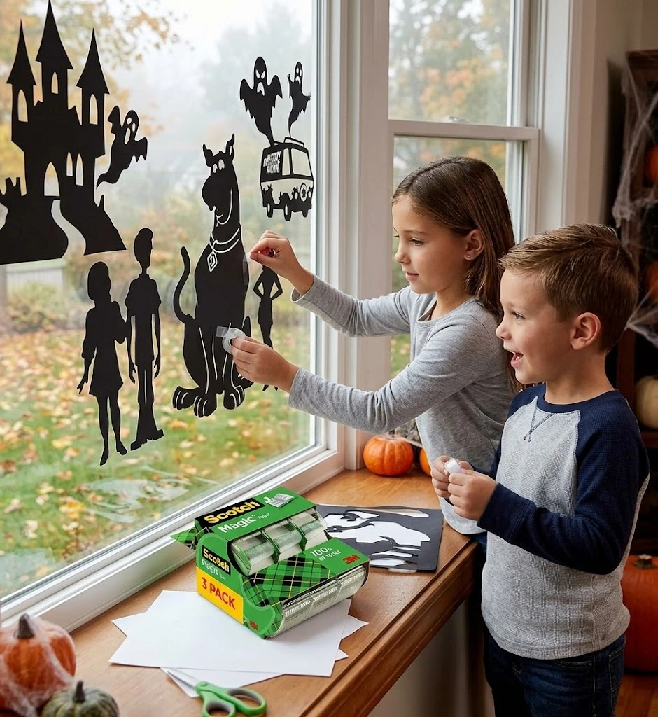 Kids decorating a window with Halloween paper crafts and clear tape