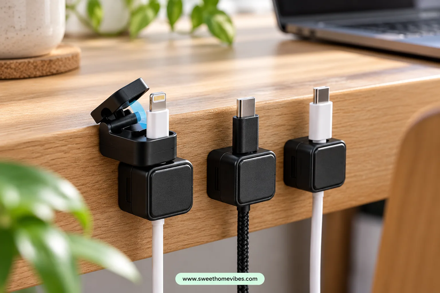 Magnetic cable holders keeping charging cords at the desk edge