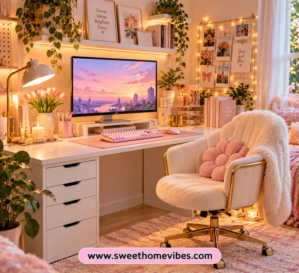 Minimalist white cute desk setup for girls featuring a white desk with drawers, cream office chair, pink desk accessories, monitor stand, warm lighting, and bedroom wall decor.