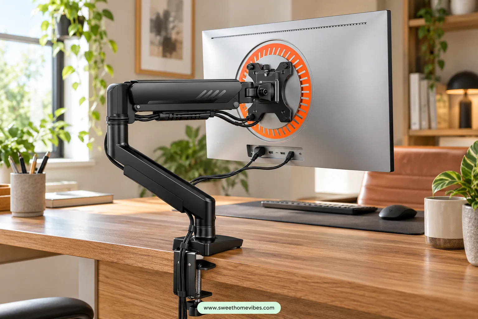 Single monitor arm guiding display cables behind a home office monitor