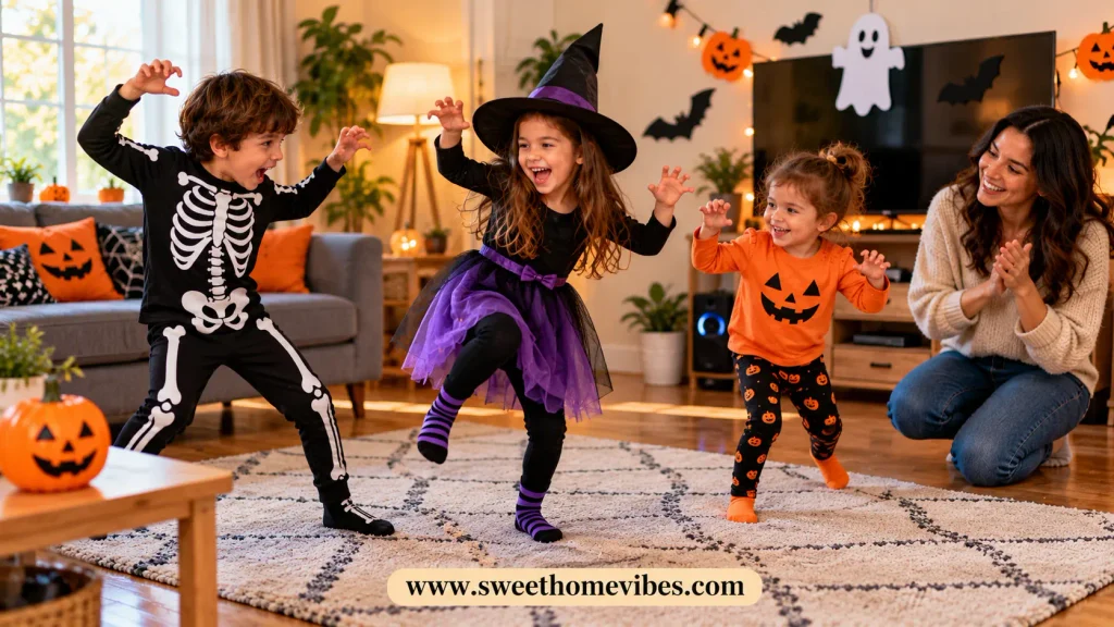Three children dressed as a skeleton, witch, and pumpkin dancing in their living room while their mom cheers during a Halloween freeze dance game.