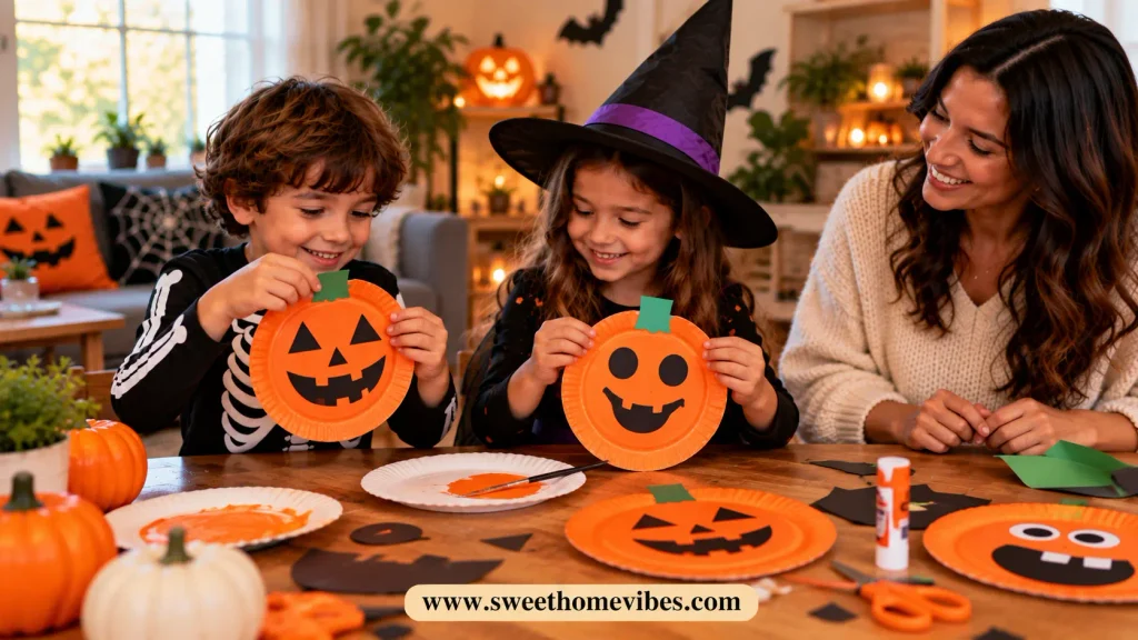 Two kids showing their handmade paper plate pumpkin faces while making easy Halloween crafts with their mom at home.