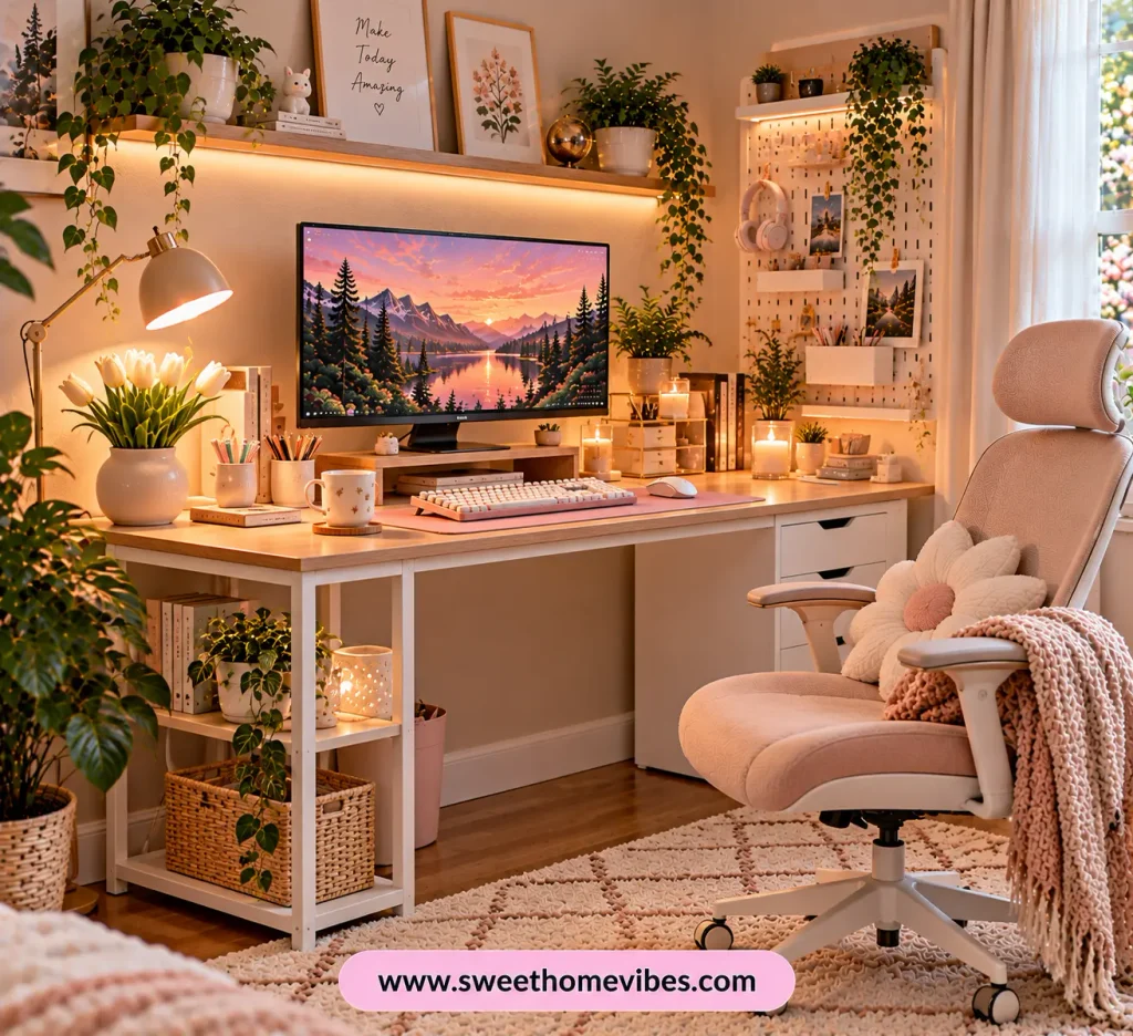 Pastel gaming and computer desk setup for girls featuring a realistic white desk with wooden top, blush ergonomic chair, pastel keyboard, monitor, pegboard organizer, and warm lighting in a cozy bedroom.