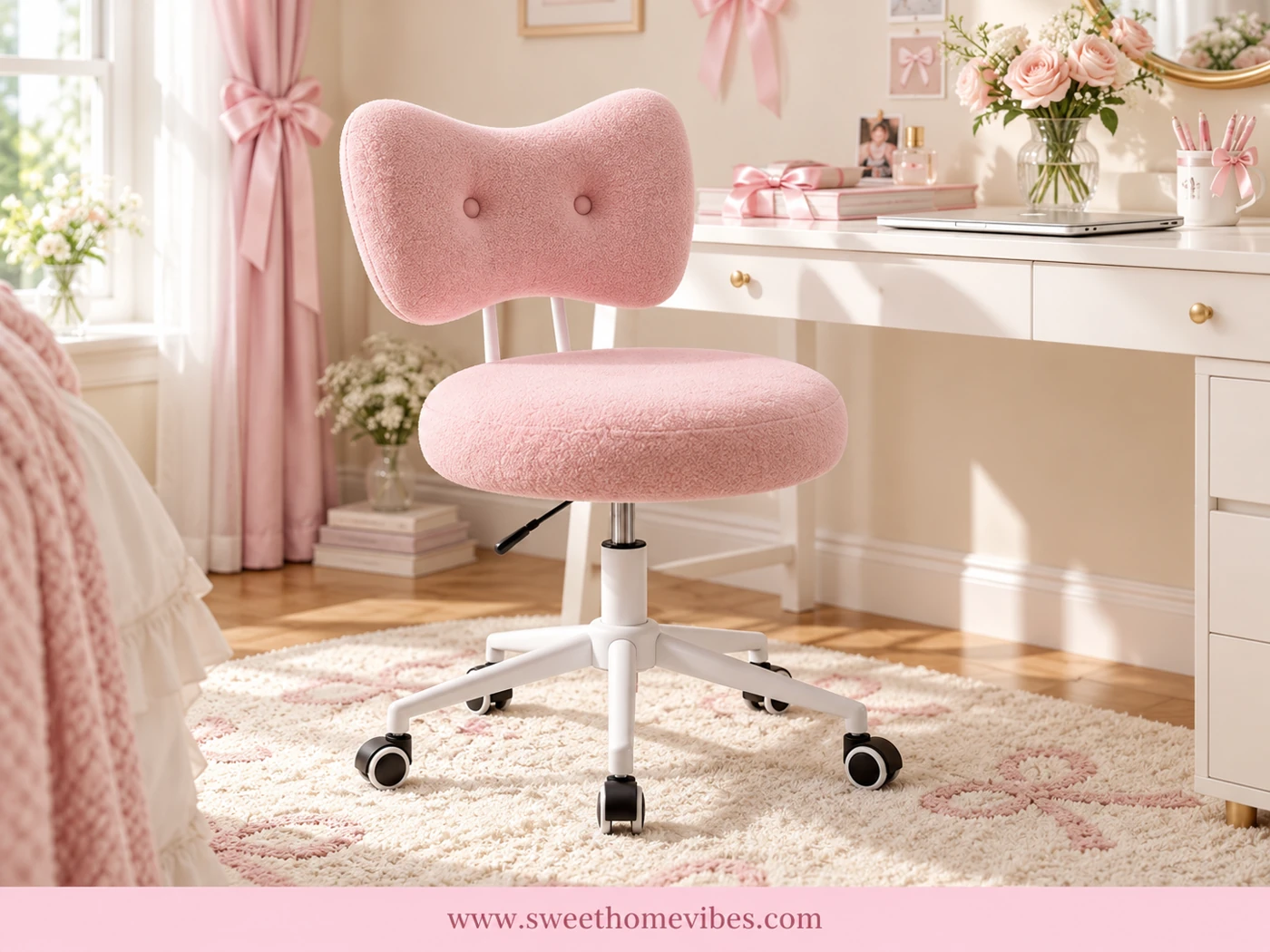 Pink bow-back upholstered rolling desk chair in a coquette-inspired workspace