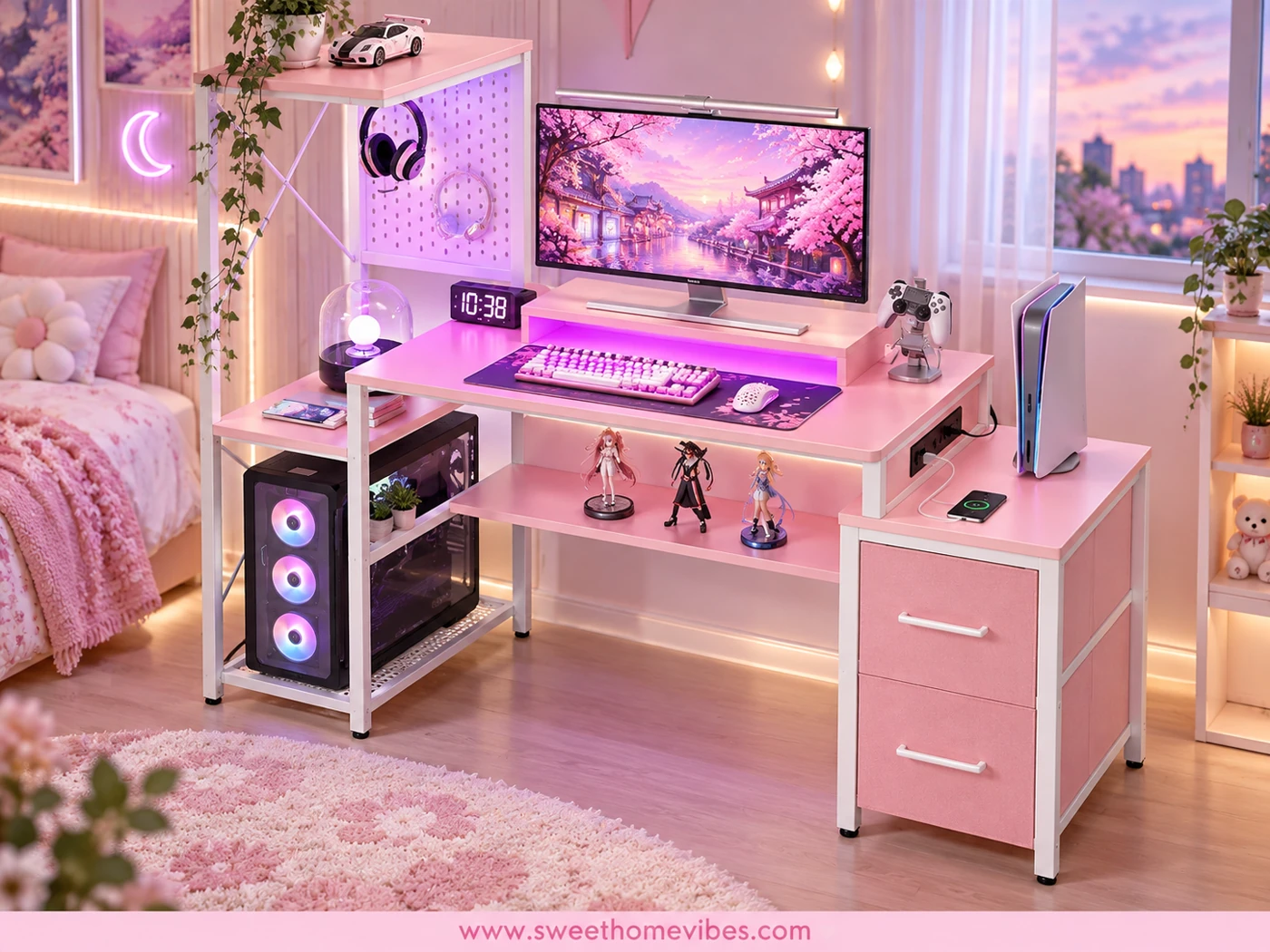 Pink gaming desk with drawers, pegboard, shelves and LED lights in a pastel computer setup